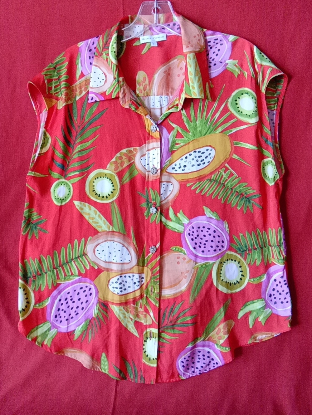 Women’s Orange Tropical Fruit Print Sleeveless Button-Up Top